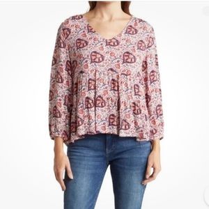 NWT Lucky Brand Red & Orange Floral Peasant Babydoll Top Size Large